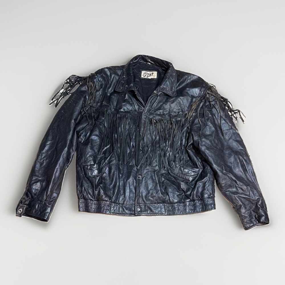 Czar Fringe Leather Jacket Large Vintage Western Biker Cowboy Black Leather